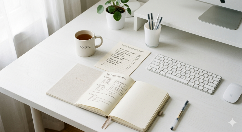 仮住まい選びのチェックポイントを確認しているデスク環境