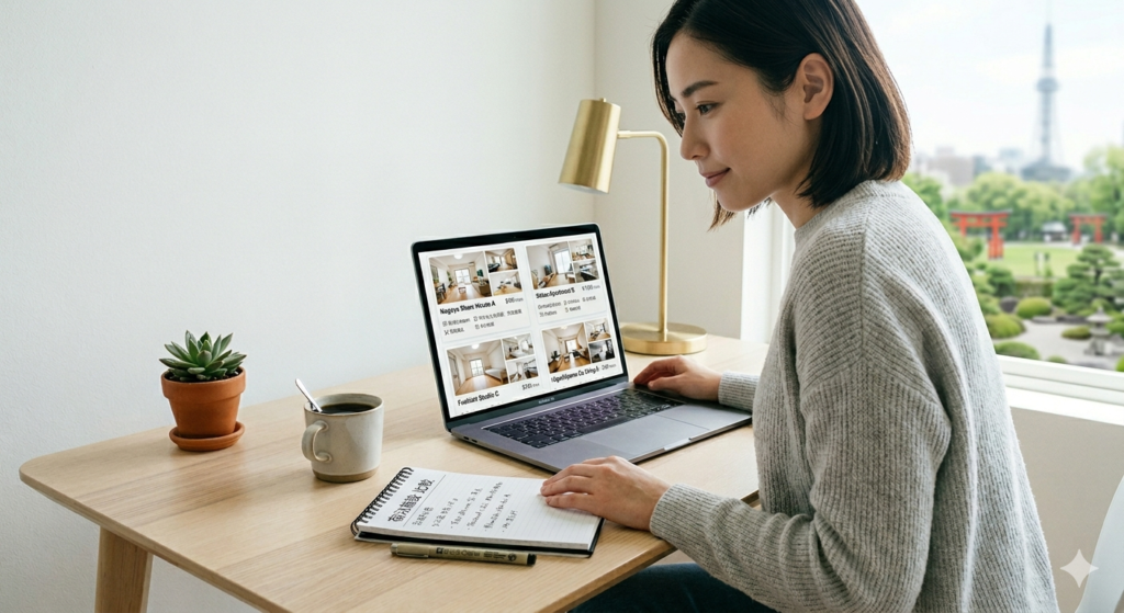 複数の宿泊施設を比較検討しているイメージ