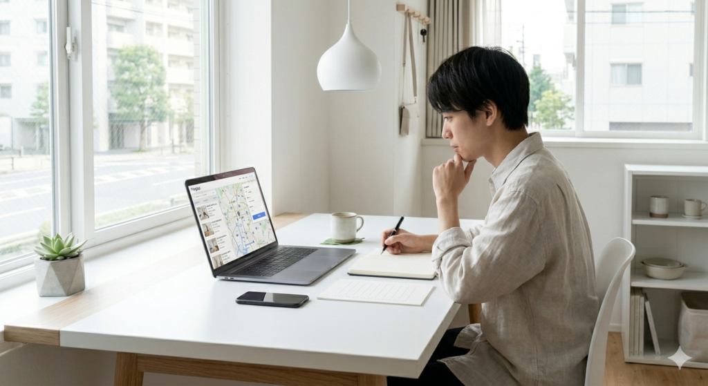 治安や周辺環境を確認しながら物件を探しているイメージ