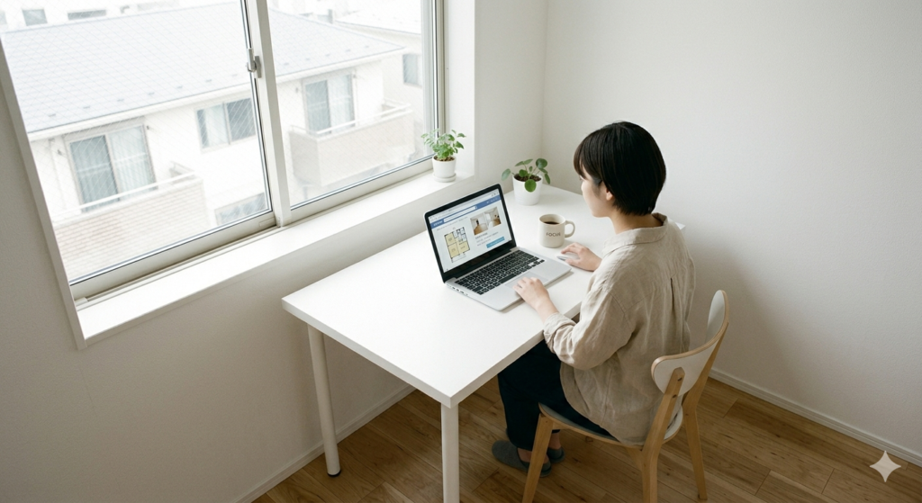 仮住まい物件をパソコンで探している室内の様子