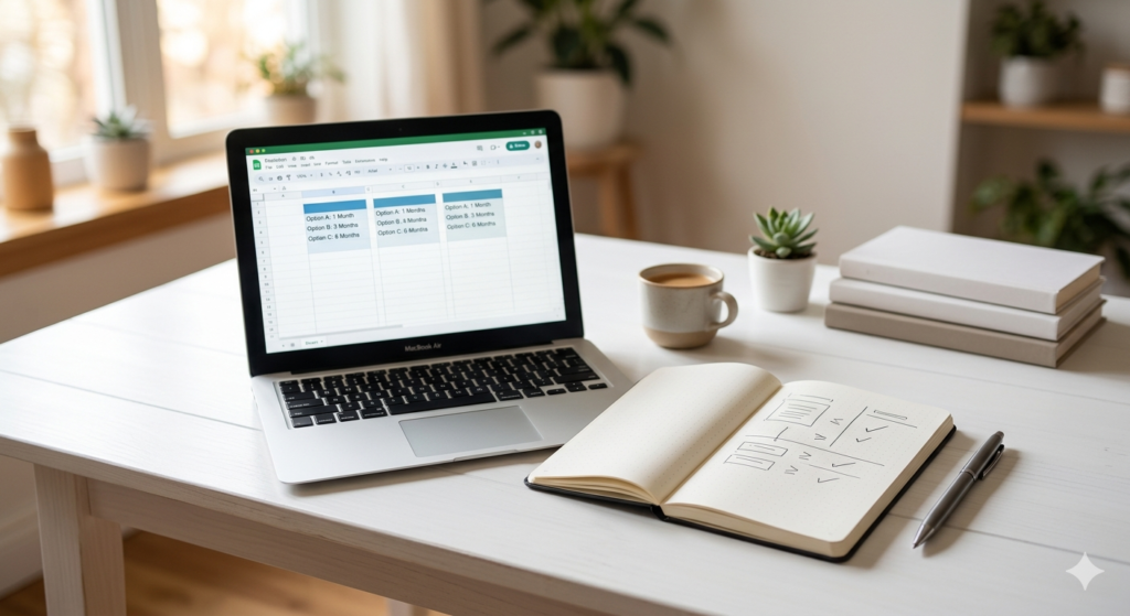 長期研修の宿泊費用を計算しているイメージ