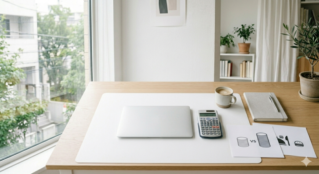 ウィークリーとマンスリーと賃貸の費用を比較しているデスクイメージ