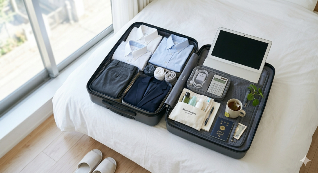 マンスリーマンション滞在のために荷物を準備したスーツケース