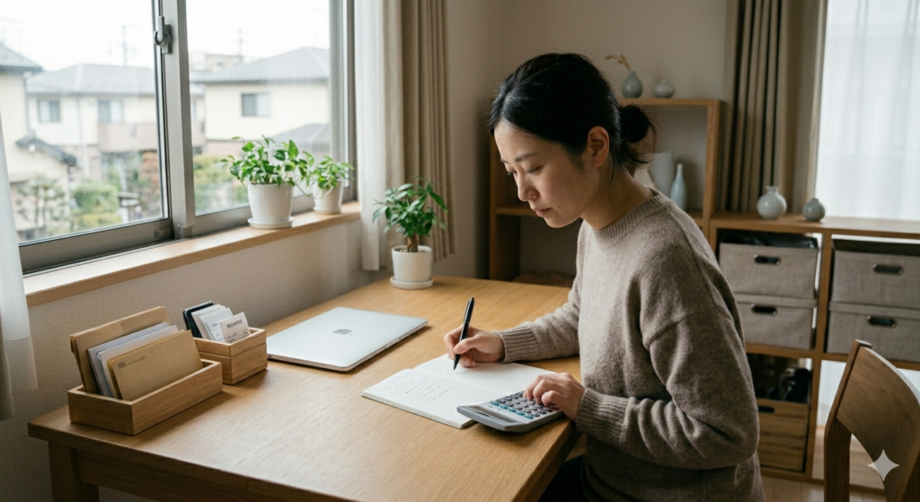 1ヶ月の生活費を計算しているデスクイメージ