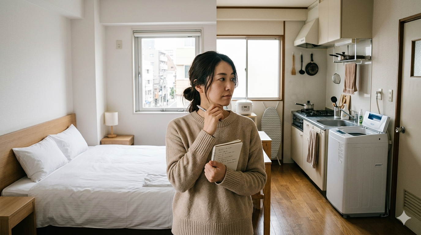 名古屋でホテルとマンスリーマンションを比較しているイメージ