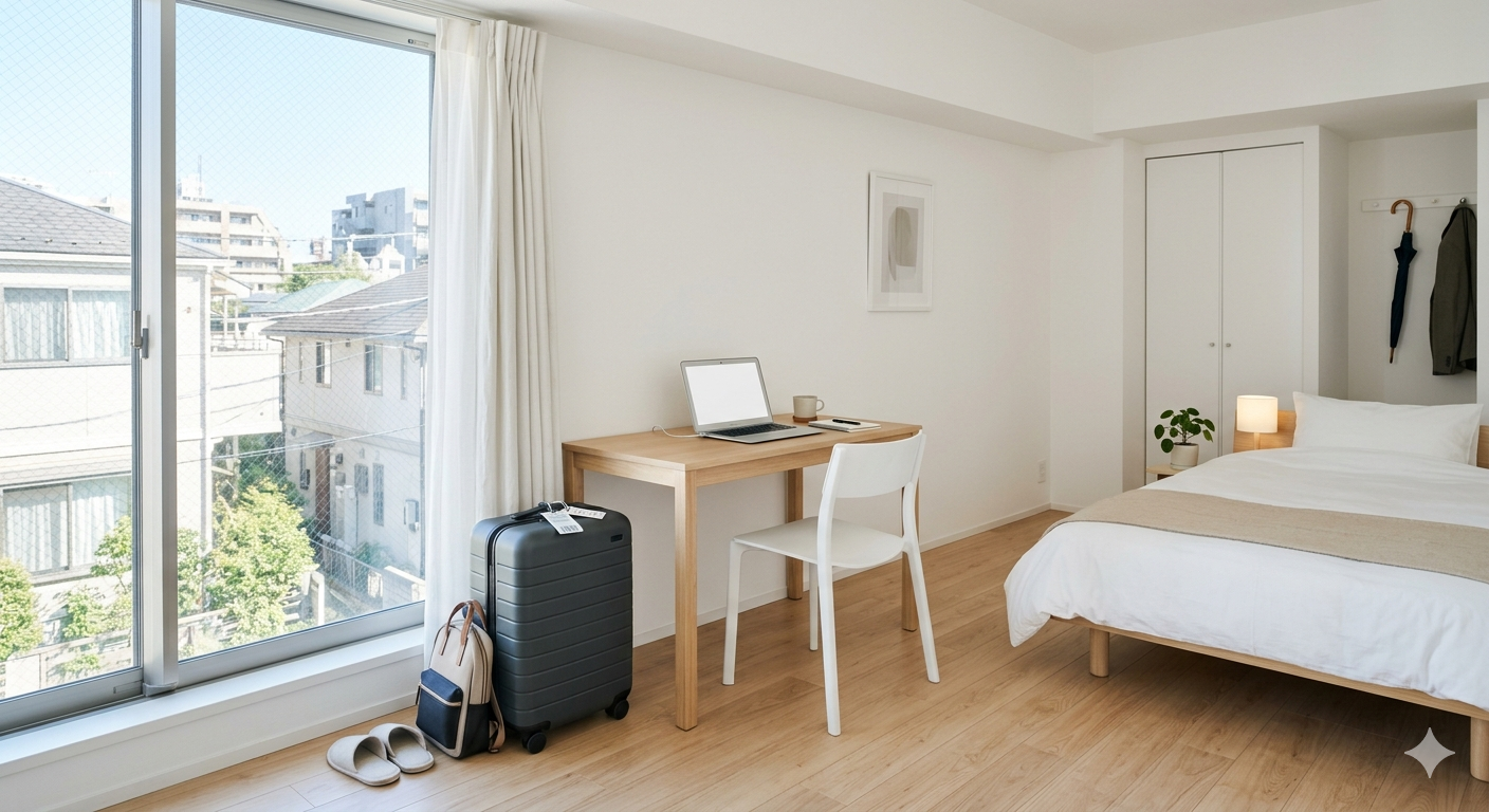 名古屋のマンスリーマンションで仕事ができる白基調の室内イメージ