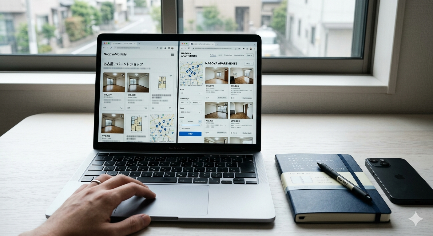 名古屋のマンスリーマンションサービスをWebサイトで比較しているイメージ