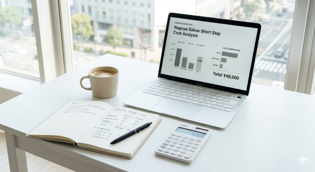 名古屋栄エリアの短期賃貸とホテル費用を比較するデスクイメージ
