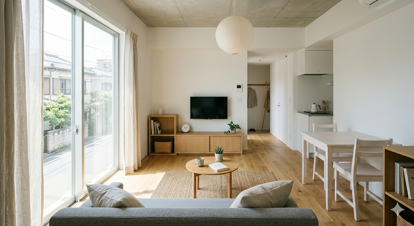 名古屋で仮住まいとして暮らす白基調の落ち着いた室内イメージ