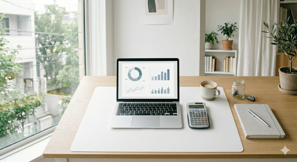 住宅手当や費用を計算しているデスク環境