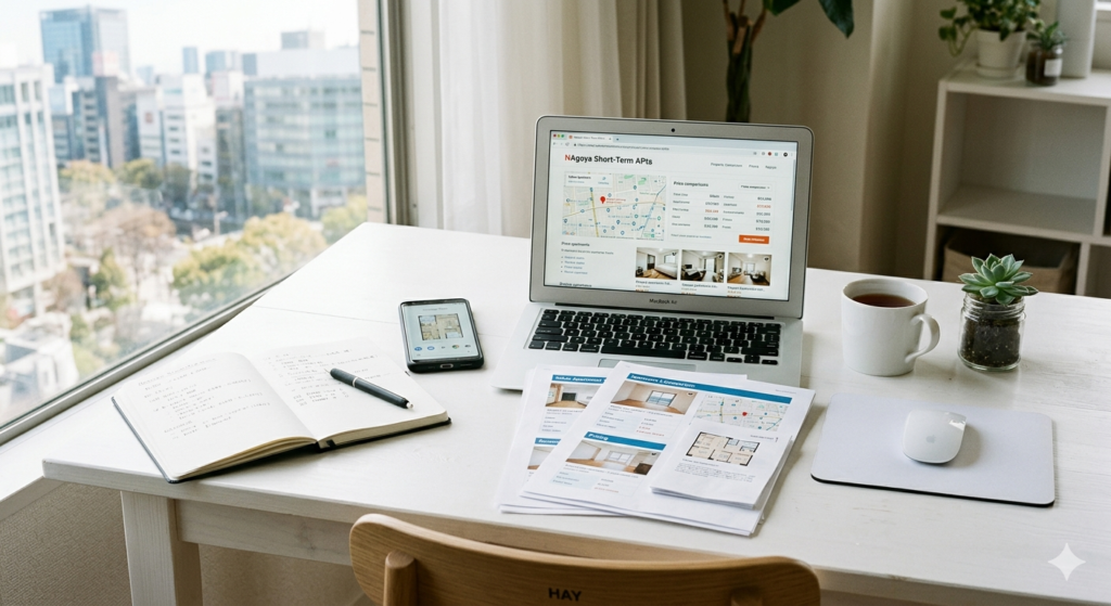 栄エリアで短期賃貸物件を目的別に比較検討するイメージ