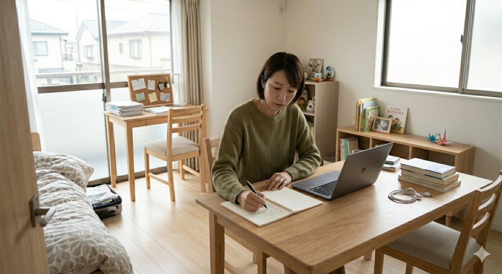 宿泊選びのチェックリストを確認している様子