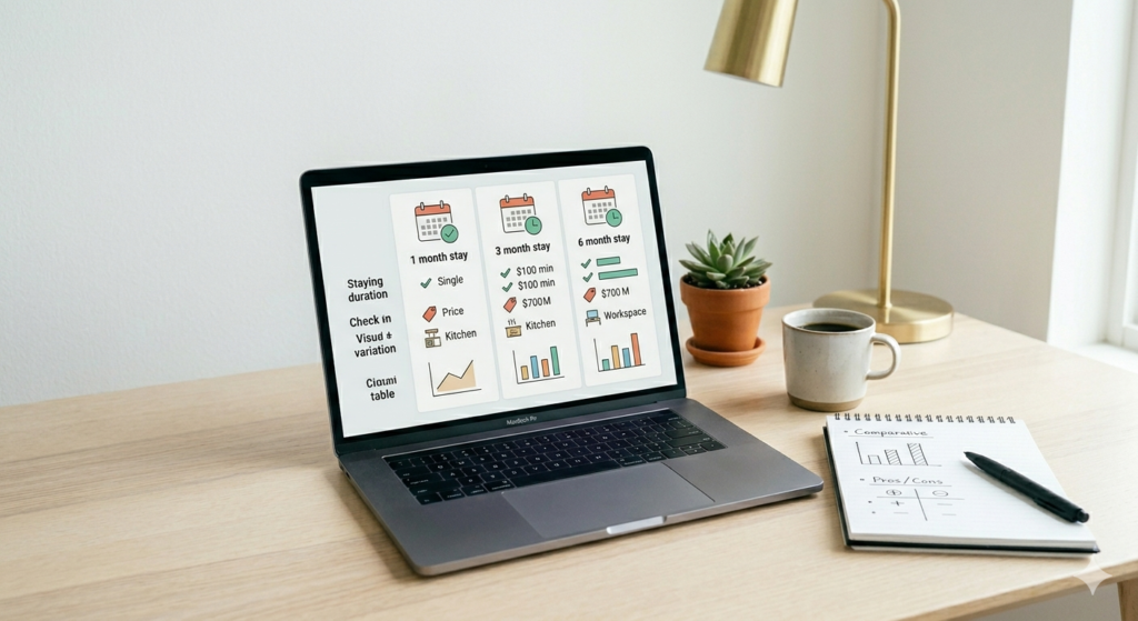 滞在期間に応じた宿泊選択を考えているイメージ