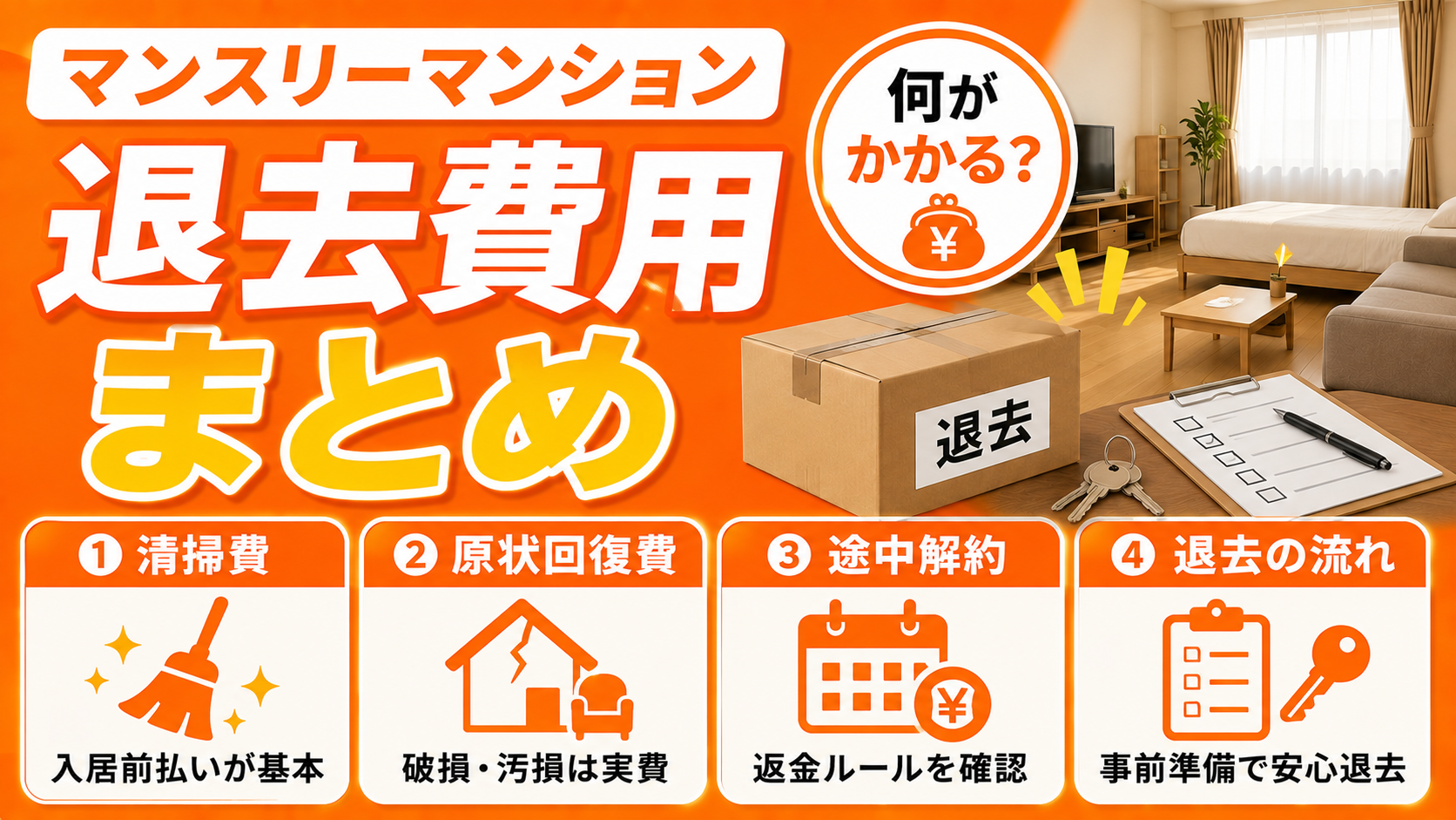 マンスリーマンション退去費用まとめ｜清掃費の相場・原状回復・途中解約の返金ルール