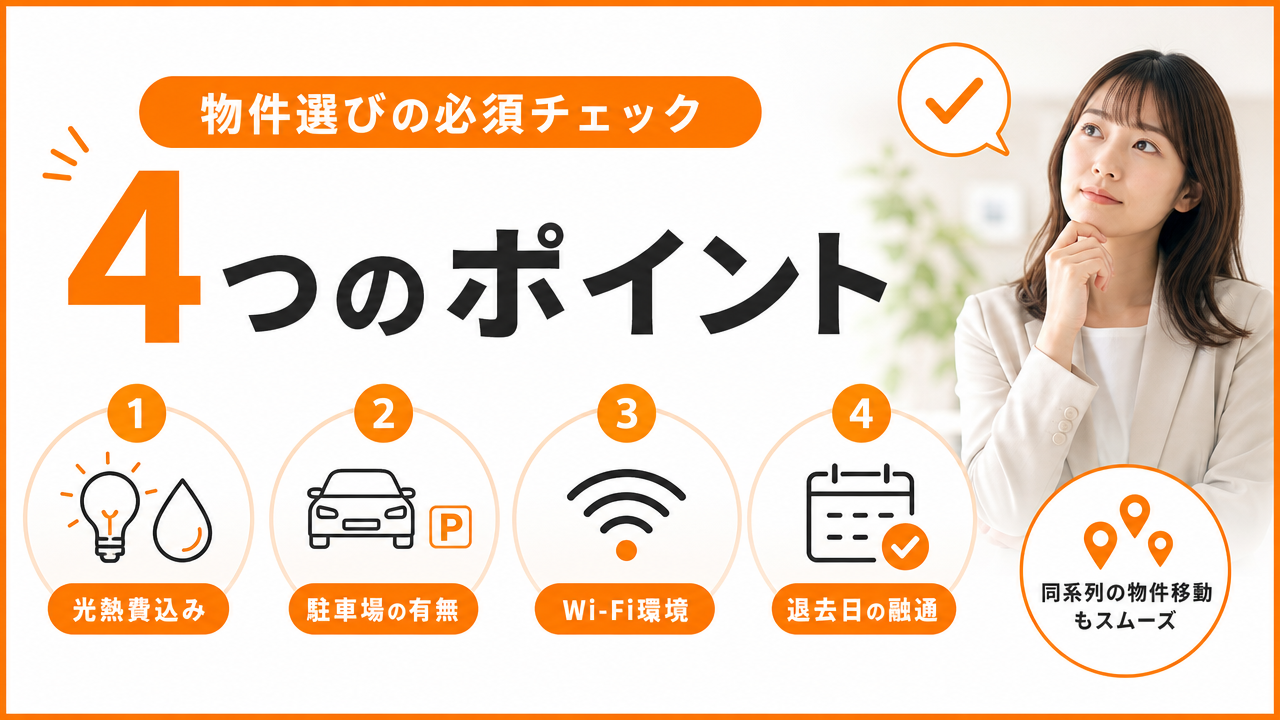 物件を選ぶときに確認すべき4つのポイントの図解