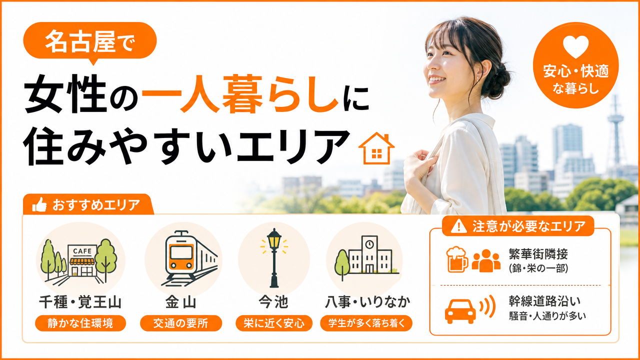 名古屋で女性の一人暮らしに住みやすいエリアの図解