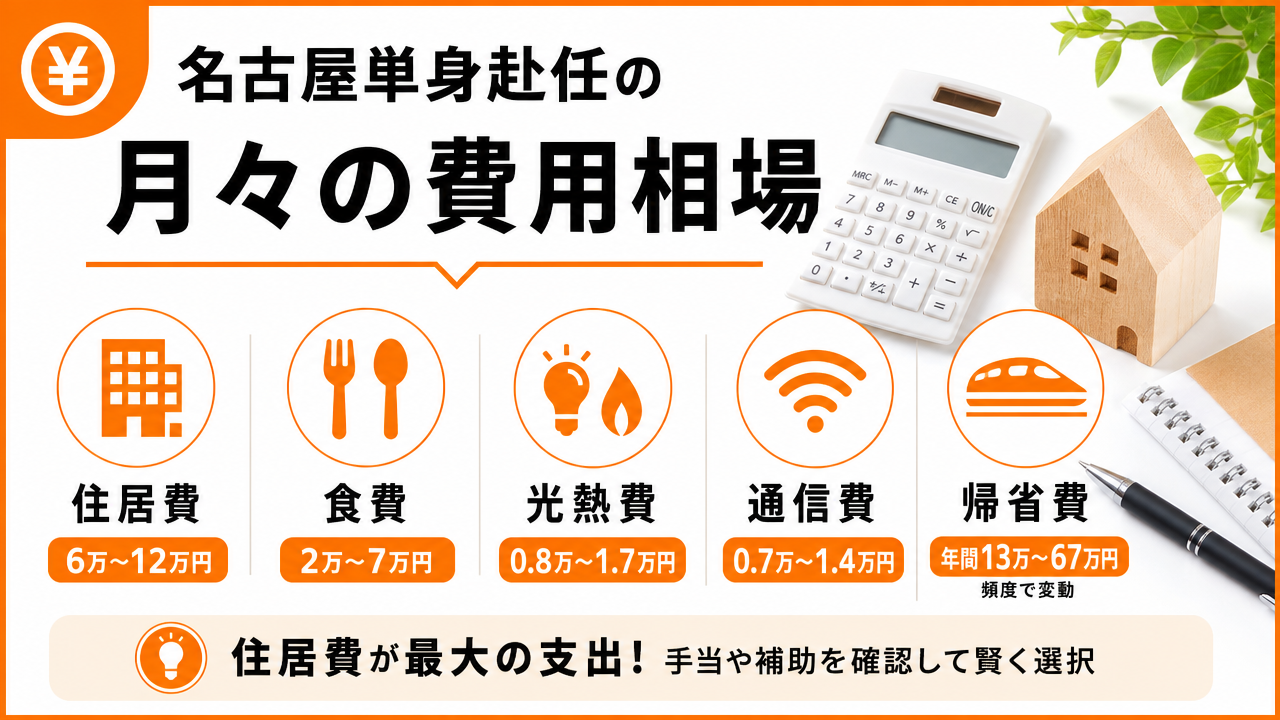 名古屋単身赴任の月々の費用：内訳別の相場の図解