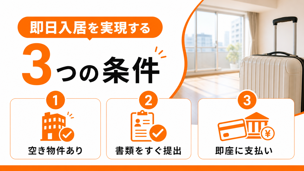 即日入居を実現する3つの条件の図解