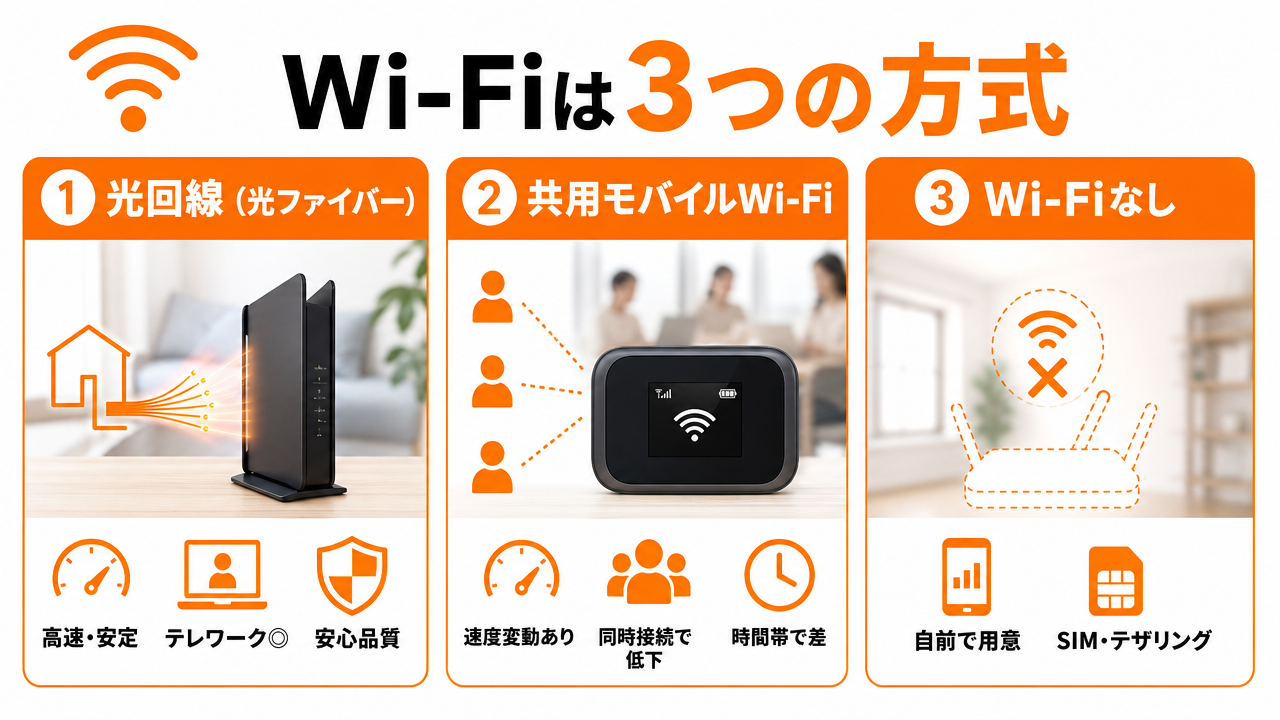 マンスリーマンションのWi-Fi：2種類の提供方式の図解