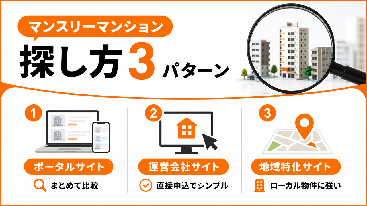 マンスリーマンションはどこで借りる？主な探し方3パターンの図解