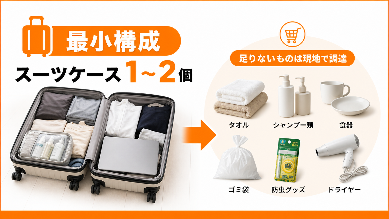 スーツケース1〜2個に収める「最小構成」の図解